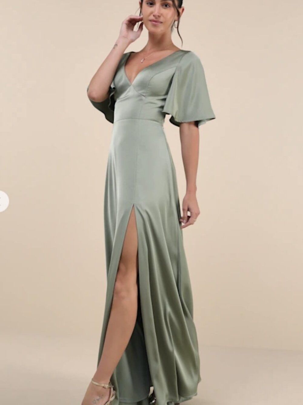 Lulus Elegant Confidence Sage Satin Flutter Sleeve Cutout Maxi Dress Green - Picture 3 of 3